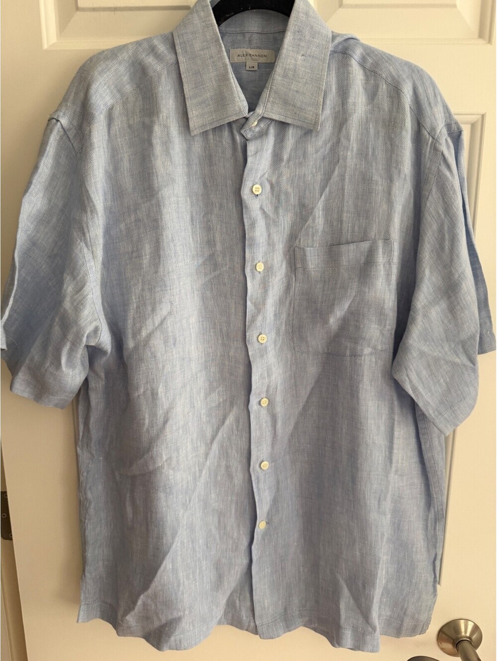 Alex Cannon Men's Light Blue 100% Linen Short Sleeve Button-Down Shirt Size L